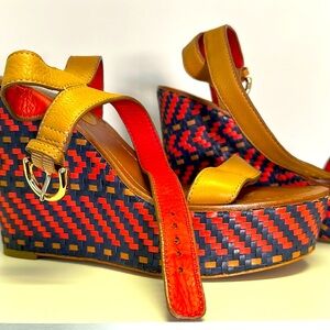 Coach Leather Ankle Strap Woven Wedge Sandals Sz 8.5 B